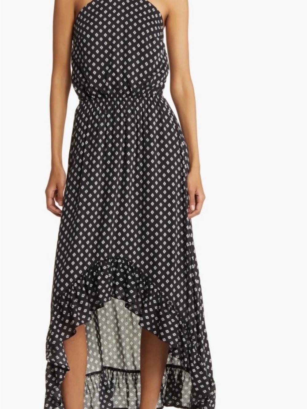 NWOT Strapless High-Low Maxi Dress in Black with White Diamond Print